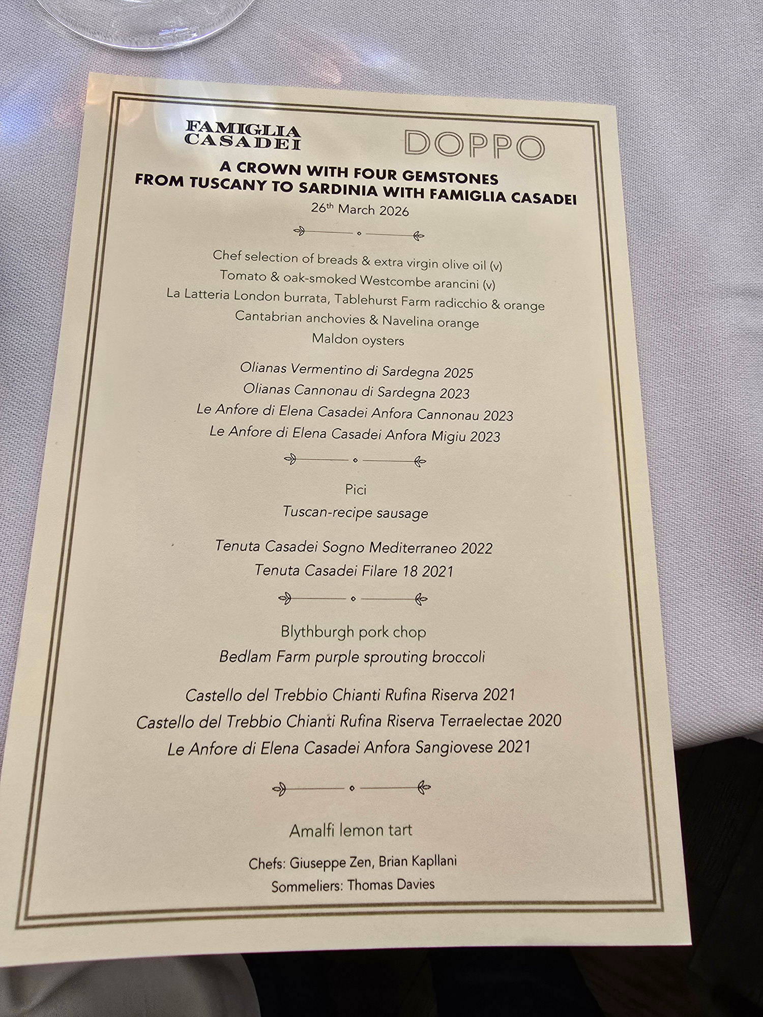 Menu specially created at DOPPO Soho to accompany the Famiglia Casadei wines