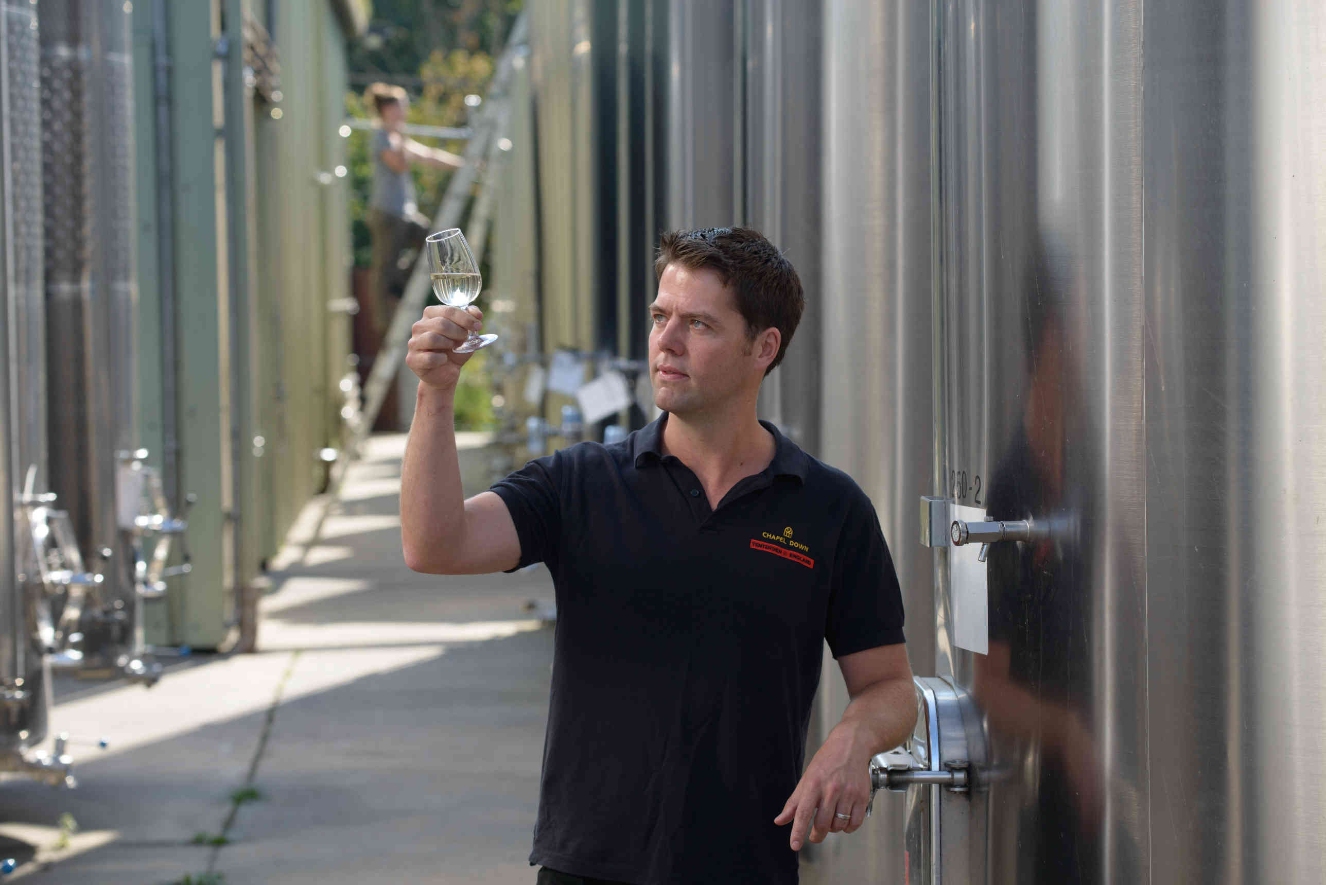 Testing wine at Chapel Down Wine