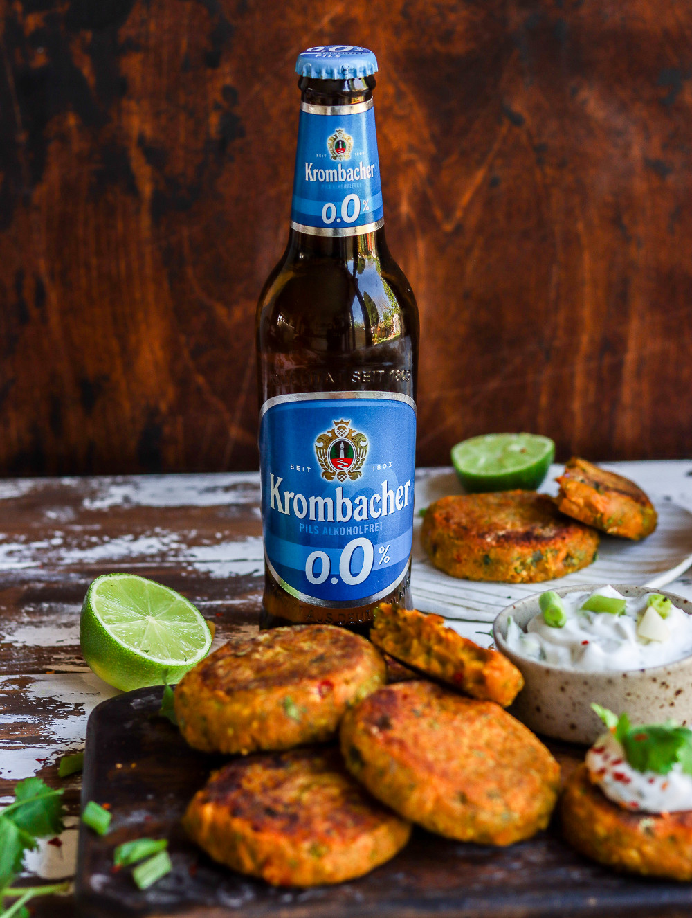 Krombacher 0.0% with fish cakes