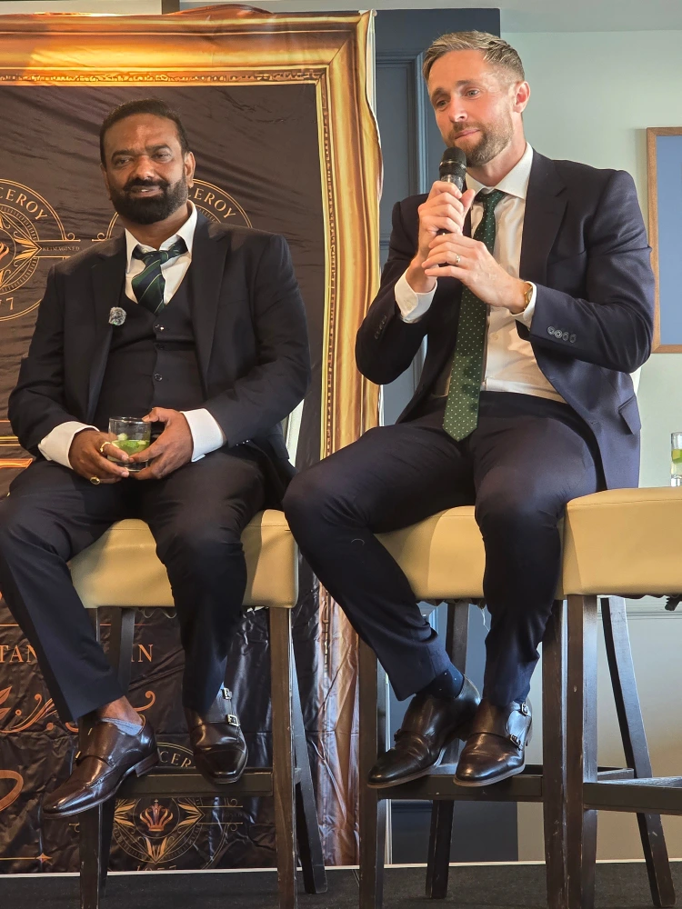 Rakesh Rathod and Chris Woakes Rakesh Rathod and Chris Woakes discussing The Viceroy 1977's Monsoon Heat Gin at the The Kia Oval launch event